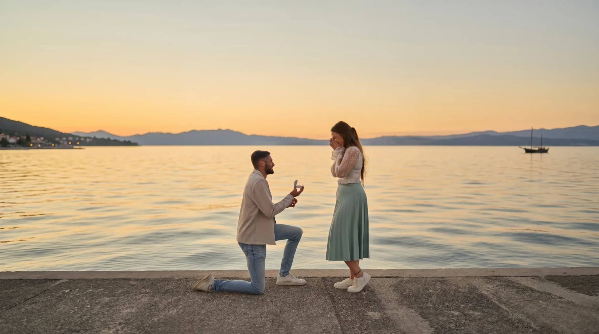Surprise marriage proposal at golden hour by the sea in Zadar, Croatia