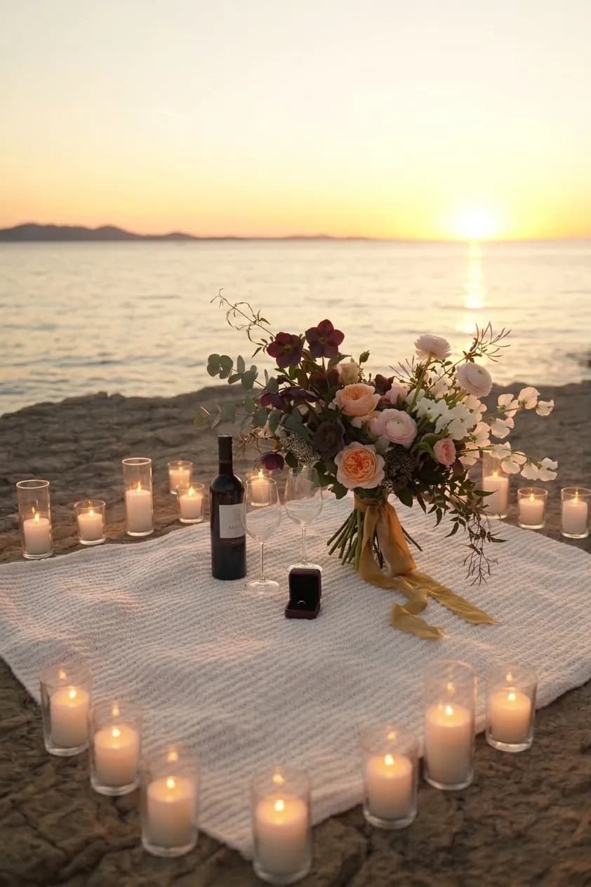 Romantic proposal picnic setup with flowers and decor by the sea