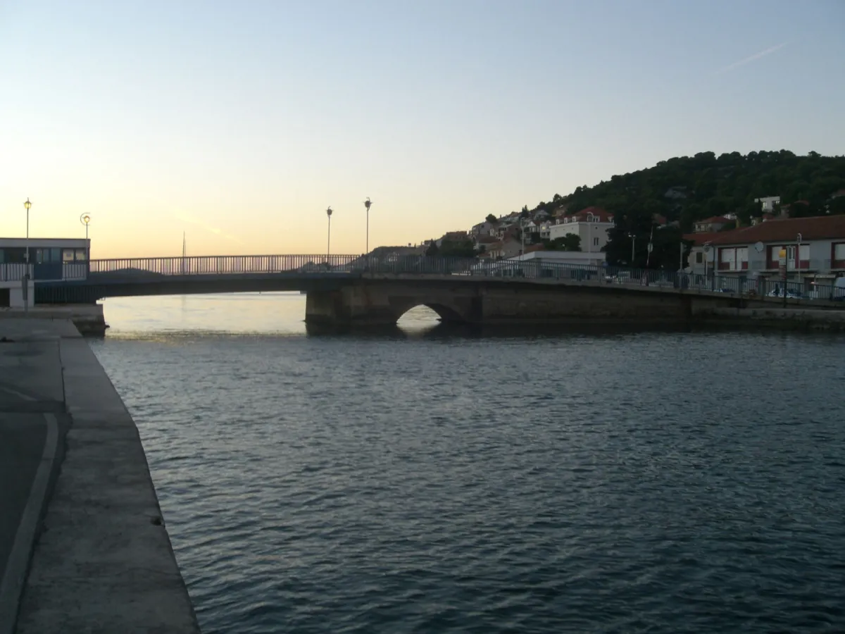 The low road bridge at Tisno connecting the mainland to the island of Murter